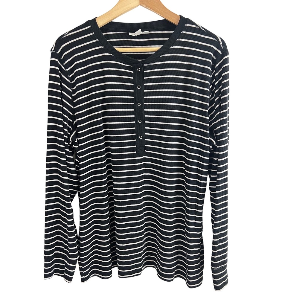 On 34th Henley Top Women 3X Black Striped Long Sleeve Ribbed Tencel Blend